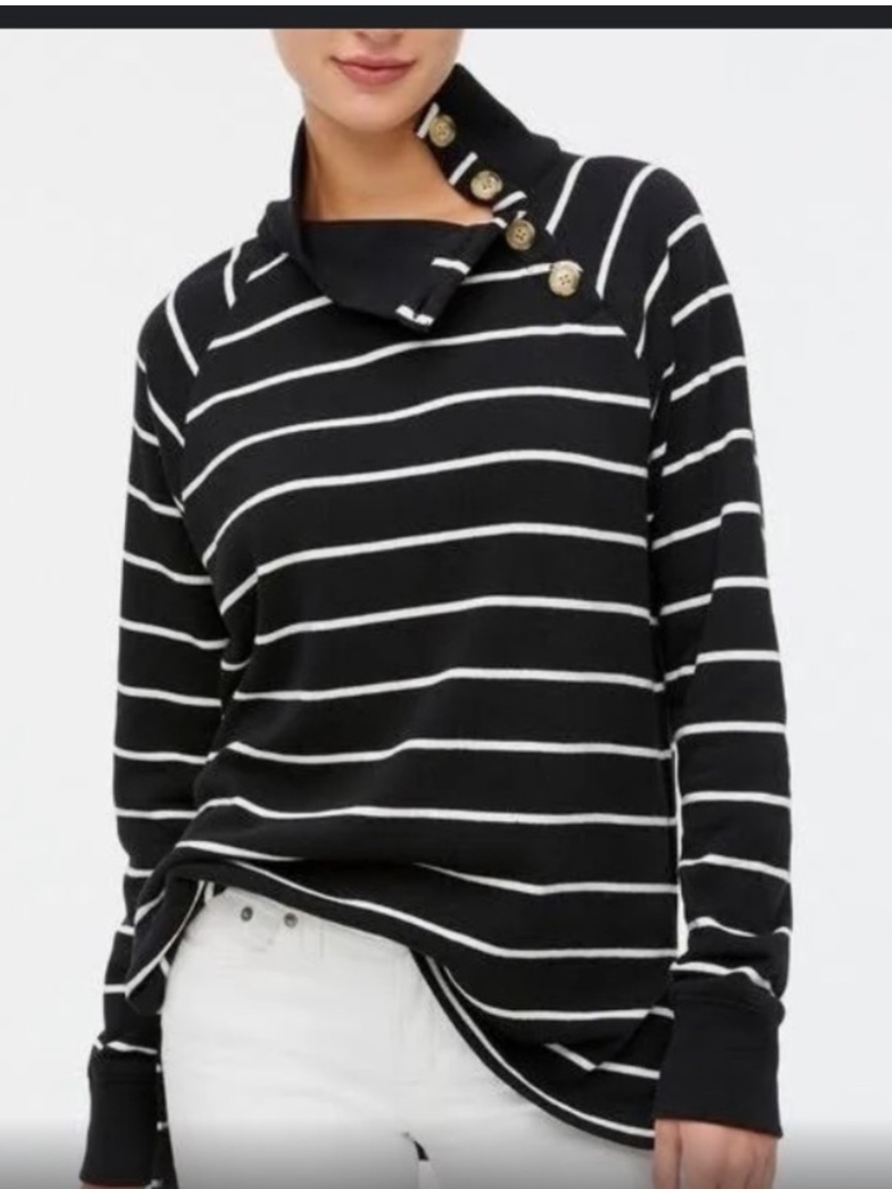 Black-and-white striped J.Crew Factory wide button-collar tunic sweatshirt Small